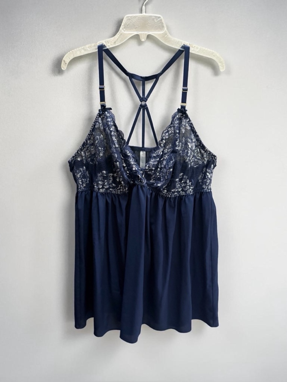 Cacique Babydoll & G-String Lingerie Set 22/24 Navy Blue Silver